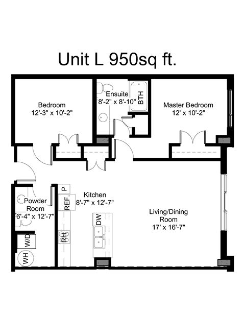 Floor plan for 2 beds, 1.5 baths, 951 sqft